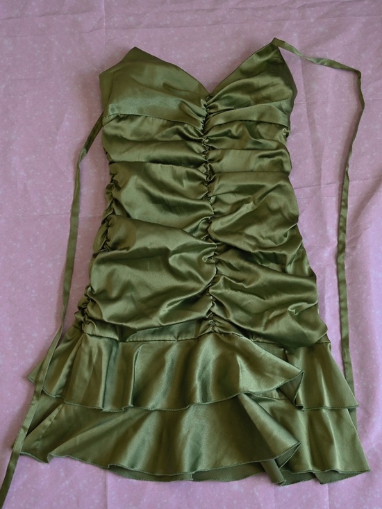 90s Jessica McClintock Green Satin Ruched Halter Mini Dress – Size 6 - Picture 1 of 3